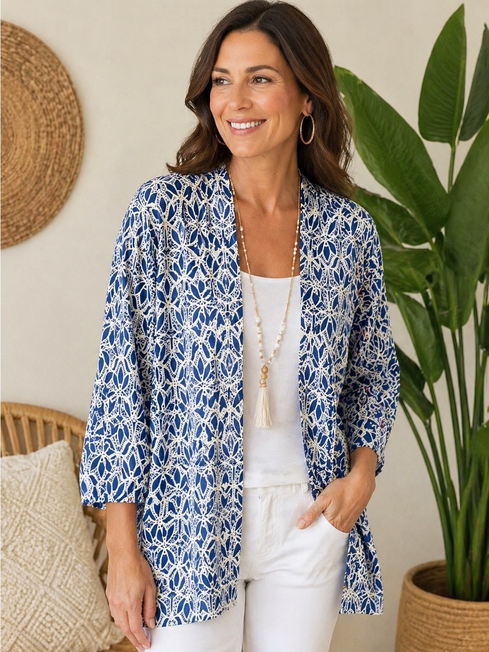 NWT Ruby Rd Blue White Open Front Kimono Cardigan Boho Coastal Grandma Petite L